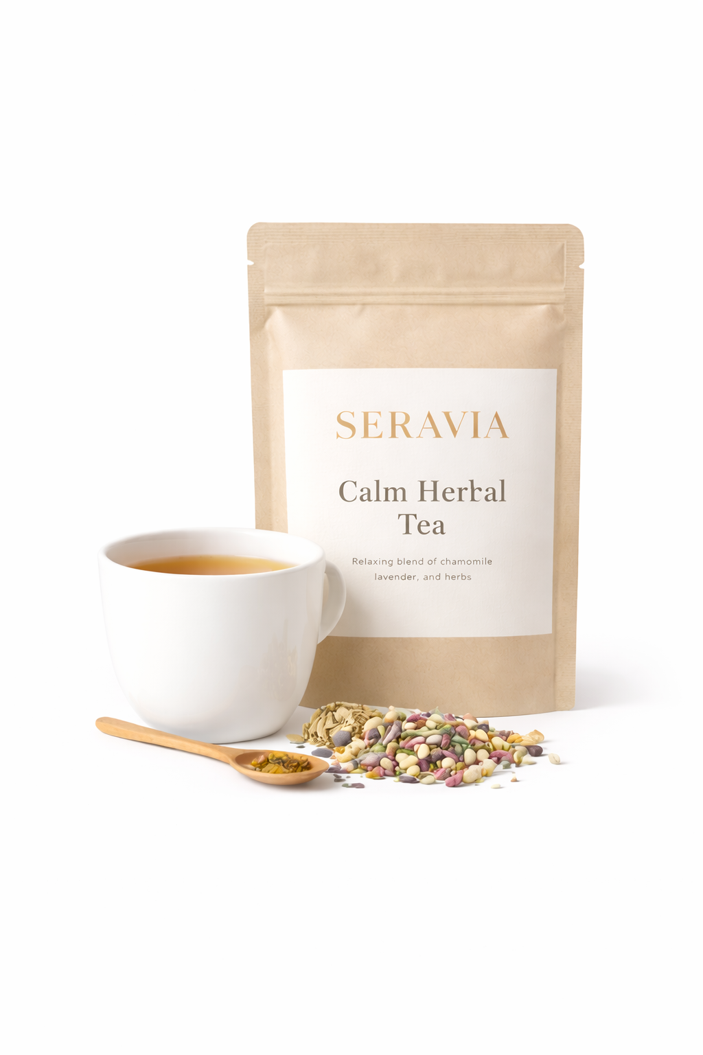 Seravia Calm Herbal Tea package with a cup of tea and tea leaves on a white background